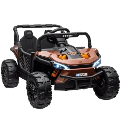 Image of AIYAPLAY Kids Ride on Car, 12V Battery Powered Electric Truck with Remote Control, 4 Suspension Wheels, Horn Lights Music USB, for 3 5 Years Old Brown