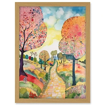 Image of Artery8 Countryside Path With Blooming Flowers And Trees Folk Art Landscape Watercolour Painting Artwork Framed A3 Wall Print