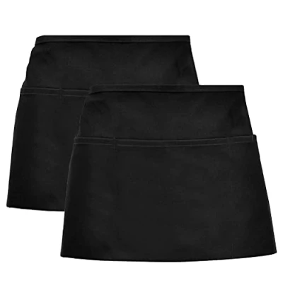 Image of nuoshen 2Pack Waist Apron, Anti dirt Apron Short Black with Pockets for Home Kitchen Restaurant Work, Waitress, Chef, Waiter, Cooking, Baking, 33 * 50cm