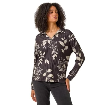 Image of Roman Womens Mono Floral Collared Top Black Size 14 UK
