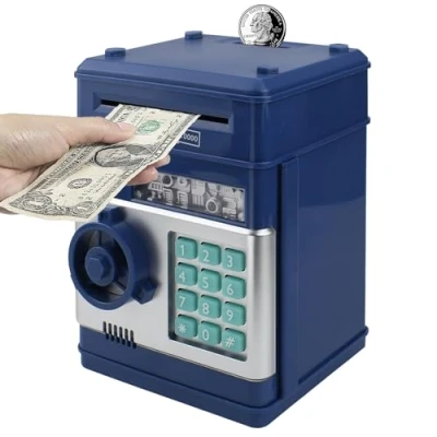 Image of HUSAN Electronic Money Bank, Password Piggy Bank Mini ATM Cash Coin Box for Kids, Best Birthday Toy Children, Boys &amp; Girls (Navy Blue)