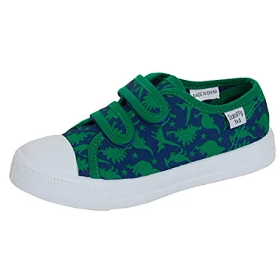Image of Boys Dinosaur Canvas Shoes Kids Dino Trainers Easy Fasten Casual Pumps Plimsolls with Bumper Toe Navy/Green 6 UK Child