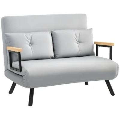 Image of HOMCOM 2 Seater Sofa Bed, Click Clack Convertible Bed Settee, Modern Velvet Feel Fabric Couch with Tufted Cushions, Wood Armrests for Living Room, Bedroom, Guest Light Grey