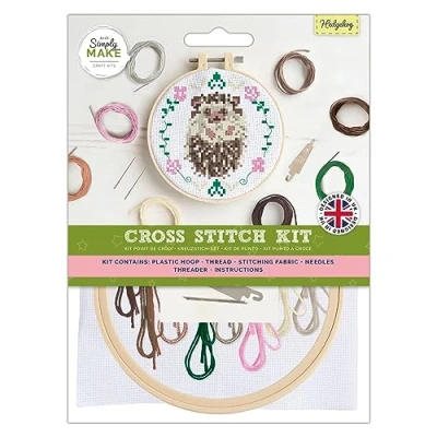 Image of Simply Make Cross Stitch Kit Hedgehog Design for Kids and Adults, Including Hoop, Embroidery Thread, Fabric Needle Perfect Adult Crafts Beginners Starter Craft