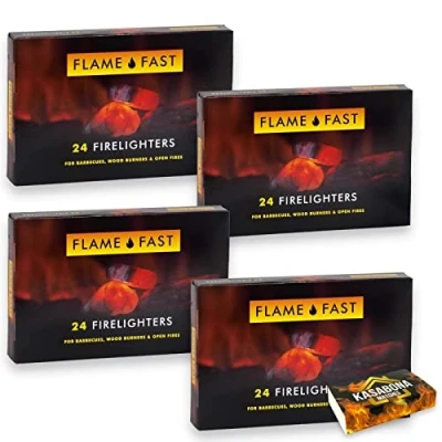 Image of Flamefast Firelighters Bulk Pack Fire Lighters Starter Blocks Hotspot Burners BBQ Open with KasaBona Safety Matches 24 (96 Firelighters)