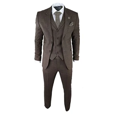 Image of Mens Herringbone Tweed 3 Piece Suit Brown Classic Vintage Tailored Wedding Blinders 48