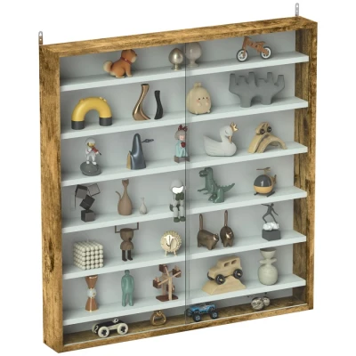 Image of HOMCOM 7 Tier Wall Mounted Display Cabinet, Case with 6 Adjustable Shelves, Glass Doors for Home Office Ornaments 83x80cm, Rustic Brown