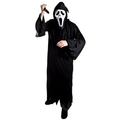 Image of Adults Halloween Trick or Treat Reaper Costume X Large Black Robe, Screamer Mask and Fake Plastic Knife Prop Fancy Dress