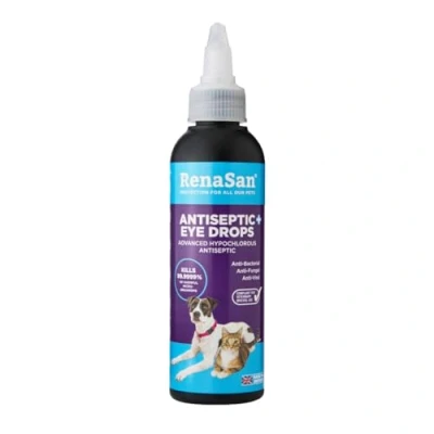 Image of RenaSan Antiseptic Eye Drops (100 ml) Fights infection, Alcohol Free, Non Irritating and Natural Cleaning Solution for Dogs, Cats, Reptiles, Poultry, Avian &amp; Livestock