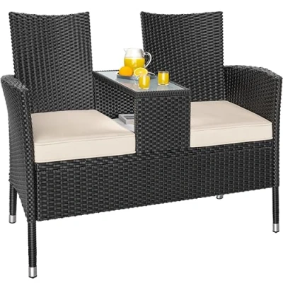 Image of CASARIA® 2 Seater Polyrattan Garden Bench Including Table And Cushions 143x55x88cm 320kg Capacity Weatherproof Loveseat Patio Balcony Furniture Outdoor Cinema Seat Black