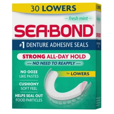 Image of Sea Bond Secure Denture Adhesive Seals, Fresh Mint Lowers, 30 Count
