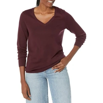 Image of Amazon Essentials Women&#039;s Classic Fit Lightweight Long Sleeve V Neck Jumper (Available in Plus Size), Dark Burgundy, XS