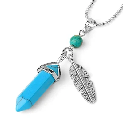 Image of VCPC Natural Gemstone Pendant Necklace,Retro Feather Turquoise Necklaces,Healing Chakra Pendant,Lucky Charm Necklaces Jewelry For Men Women