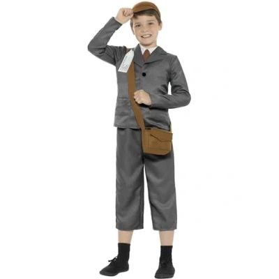 Image of Smiffys WW2 Evacuee Boy Costume, Grey Jacket, Trousers, Mock Shirt, Bag, Hat &amp; Name Tag, Boys Fancy Dress, Child Dress Up Costumes