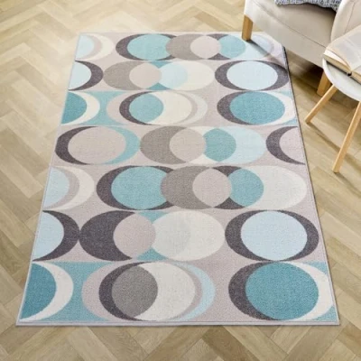 Image of Fusion Duck Egg Retro Rug (180 x 120cm) Low Pile (Hypoallergenic) Machine Washable Non Slip in Blue with Geometric Shapes for Living Room &amp; Bedroom Decor