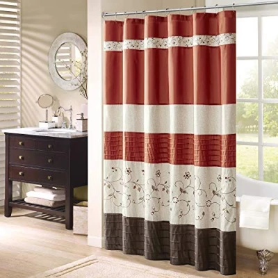Image of Madison Park Serene Flora Fabric Shower Curtain, Embroidered Transitional Curtains for Bathroom, 72 X 72, Spice