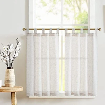 Image of TOPICK Kitchen Curtains 24 Inch Length Linen Textured Bathroom Window Short Cafe for Small Treatment 2 Panels Crude