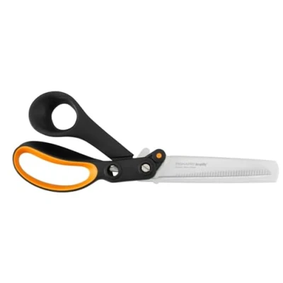 Image of Fiskars Serrated Hardware Scissors, For right Handed Users, With Power enhancing Technology, Length: 24 cm, Stainless Steel Blade/Plastic Handles, Black/Orange, Amplify, 1020223