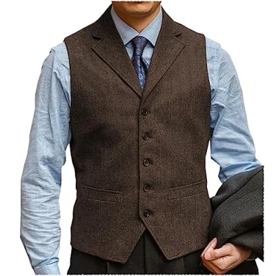Image of Solovedress Mens Vintage Collar Suit Waistcoat V Neck Casual Wool Dress Vest for Wedding Party(Coffee,XL)