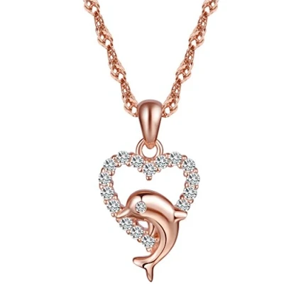 Image of Yumilok Jewelry 925 Sterling Silver Rose Gold Plated Cubic Zirconia Lovely Dolphin Heart Pendant Necklace for Women/Girls