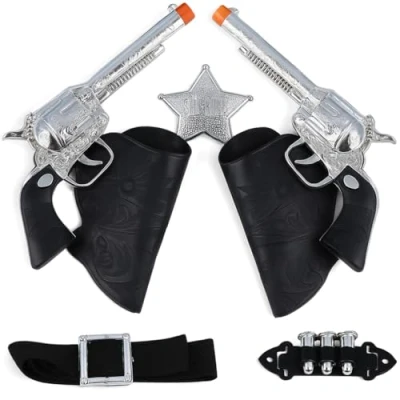 Image of Western Wild West Cowboy Sheriff 7 Piece Accessory Set with 2x Toy Gun Holster + Belt Bullets Badge, Cowgirl Pretend Role Play Theme Party Fancy Dress Playset