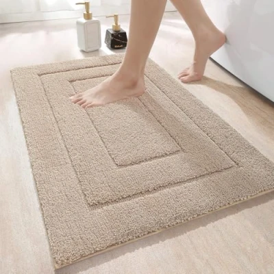 Image of DEXI Bath Mat 50 x 80 cm, Non Slip Bathroom Machine Washable, Ultra Soft and Water Absorbent Rug for Bathroom, Tub Shower Beige