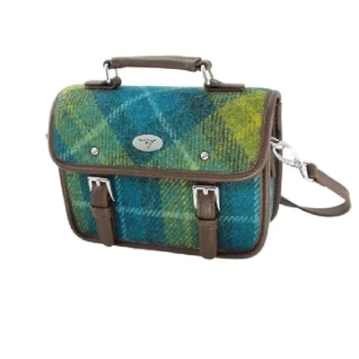 Image of Glen Appin Harris Tweed Bervie Mini Satchel Bag With Adjustable &amp; Removable Shoulder Strap (114 Sea Blue Green Tartan)
