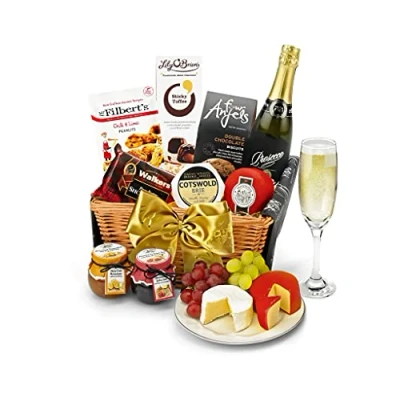 Image of Classic Prosecco Gift Set Downton Hamper with Mature Cheddar, Organic Brie, Shortbread, Chocolates Hampers for Couples, from Regency