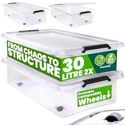 Image of Deuba® 2x 30 Litre Plastic Rolling Storage Boxes with Lid 30L Stackable Clear BPA Free Container Smooth Running Wheels Handle Really Useful Multi Purpose Clip Lock Home Organiser