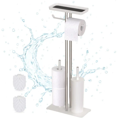 Image of Relaxdays toilet set, stainless steel, shelf &amp; roll holder, freestanding, 3 in 1, HWD: 77x30x15cm, stand, white