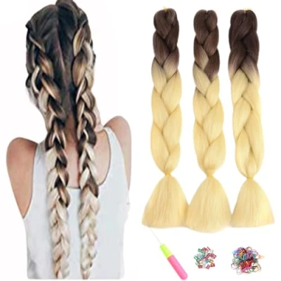 Image of ShowJarlly Box Braid Hair Extensions, 24inch Brown/Creamy White ​Ombre Jumbo Hair, 3Packs Synthetic Braiding Extension Afro Extensions for Crochet Twist Braids