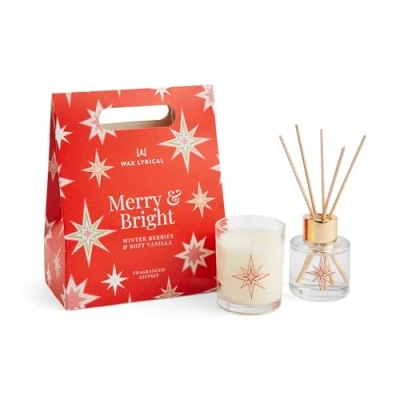Image of Wax Lyrical Merry &amp; Bright Reed Diffuser Gift Set, Red, 50ml Votive Candle