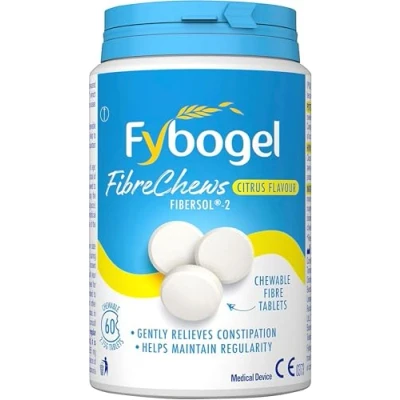 Image of Fybogel Fibre Chews, Citrus, 60 Tablets, Effective Constipation Relief, Laxative, Maintains Regularity, Stool Softener, Easy to Use, Works Naturally, Laxatives, Digestion and Nausea