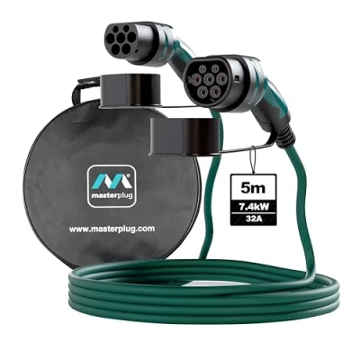 Image of Masterplug Mode 3 EV Fast Charging Cable with Carry Case, Electric and Plug in Hybrid Vehicle Car Type 2 to 2, Single Phase, 5 Metre Cable, 7.4kW, 32A, EVC22325SL/CASE