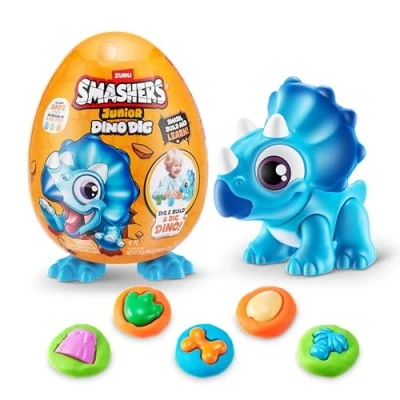 Image of Smashers Junior Dino Dig Small Egg, Triceratops, by ZURU 12+ Surprises, Dinosaur Preschool Toys, Build Construct Sensory Play 18 months 3 years (Triceratops)