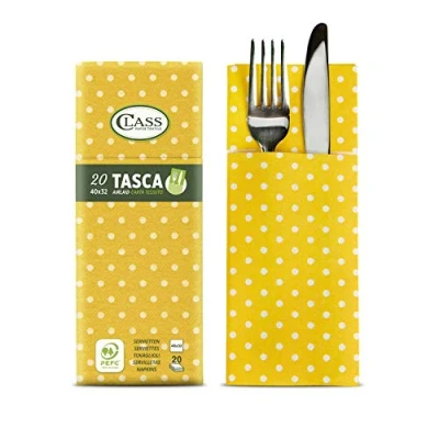 Image of CLASS 10, C4032TA D075 PEFC Airlaid Napkin Pocket Cutlery Tray, Paper, Polka Dots Yellow, 40x32x0.8cm, 20 Units