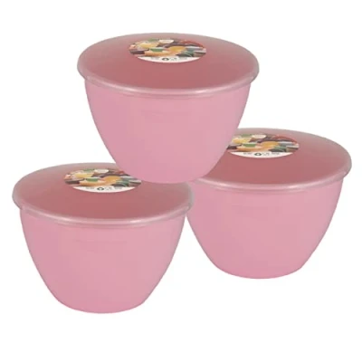 Image of Just Pudding Basins Pastel Colours 2 Pint 1.14 Litre Basin and Clear Lid Pack of 3 Plastic Steaming Bowls (Pink)