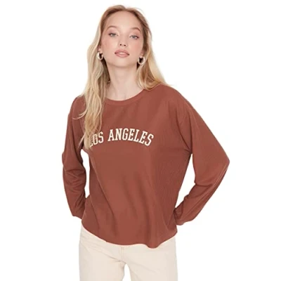 Image of Trendyol Women Fitted Basic Crew neck Knit Sweatshirt Brown