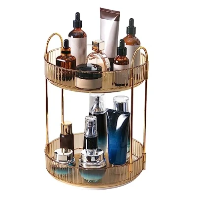Image of 360 Rotating Makeup Organiser,Cosmetic Storage Skincare Spinning Holder Lipsticks Brushes Perfume Display Stand Box for Vanity Desk, Dresser, Bathroom (Orange 2Tier)
