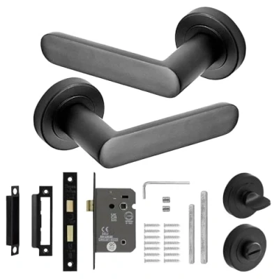 Image of Decoranddecor Echo Matt Black Door Lever Handles 54mm Round Rose Aluminium Bathroom Lock Kit