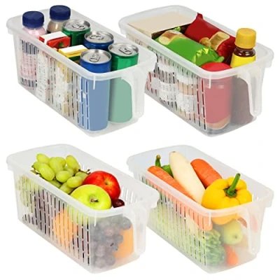 Image of Kurtzy 4 Pack Kitchen Fridge &amp; Cupboard Storage Containers with Handles 32cm/12.6 Inches Overall Length Clear Plastic Refrigerator Tubs for Bathroom, Pantry, Drawer, Freezer and Home