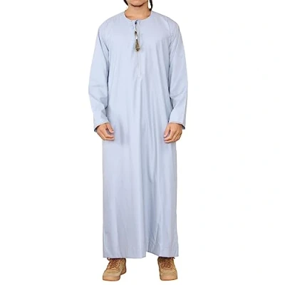 Image of Mens Thobe Jubba Islamic Clothing Muslim Kaftan Emirati Omani Robe Arab Tassel Light blue L 56