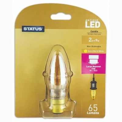 Image of Status Filament LED Bulbs [Pack of 12] Type:Candle (Extra Warm White 1800k) 2w / Non Dimmable/Cap: B22 Golden Antique Finish 15000 Hours/Multipack [2SRLCBCB112]