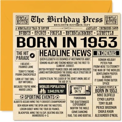 Image of 71st Birthday Cards for Men Women Born In 1953 Newspaper Happy 71 Card Grandad Grandma Nan Vintage Retro Back 1953, 145mm x Seventy One First Bday Greeting