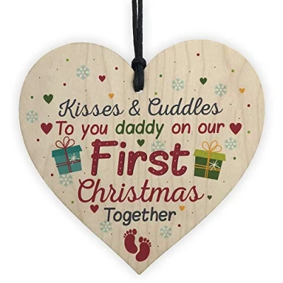 Image of RED OCEAN Handmade 1st First Christmas Baby Dad Daddy Gift Xmas Bauble Decoration Wooden Hanging Heart Chic Sign