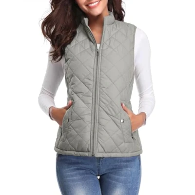 Image of fuinloth Women&#039;s Quilted Gilet, Lightweight Body Warmer Zip Padded Stand Collar Vest Grey Medium