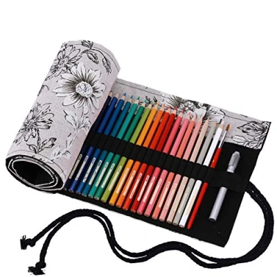Image of Amoyie Hand Roll Up Pen Bag Canvas Organiser for 48 Coloring Pencil Artist Carrier Wrap Kid Adult