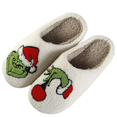 Image of ENIXWH Grinch Slippers Christmas Happy for Women Men Funny Plush Winter Warm Fluffy Slippers, AB, 7/8 UK