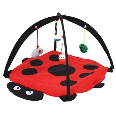 Image of Tnfeeon Foldable Cat Play Mat, Pet Dog Scratching Mat Tent Multifunction Bed with Hanging Toy Balls