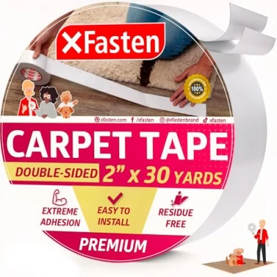Image of XFasten Double Sided Carpet Tape for Area Rugs, Residue Free, 2 Inch x 30 Yards; Wood Safe Faced Rug to Floor and Applications
